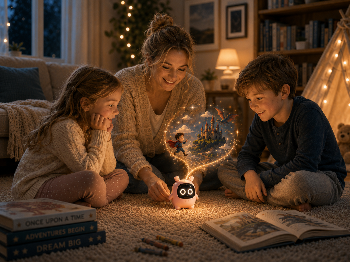 Parent and children telling a story together